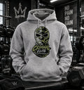 Grey Criminal Elite hoodie with camouflage masked-face graphic