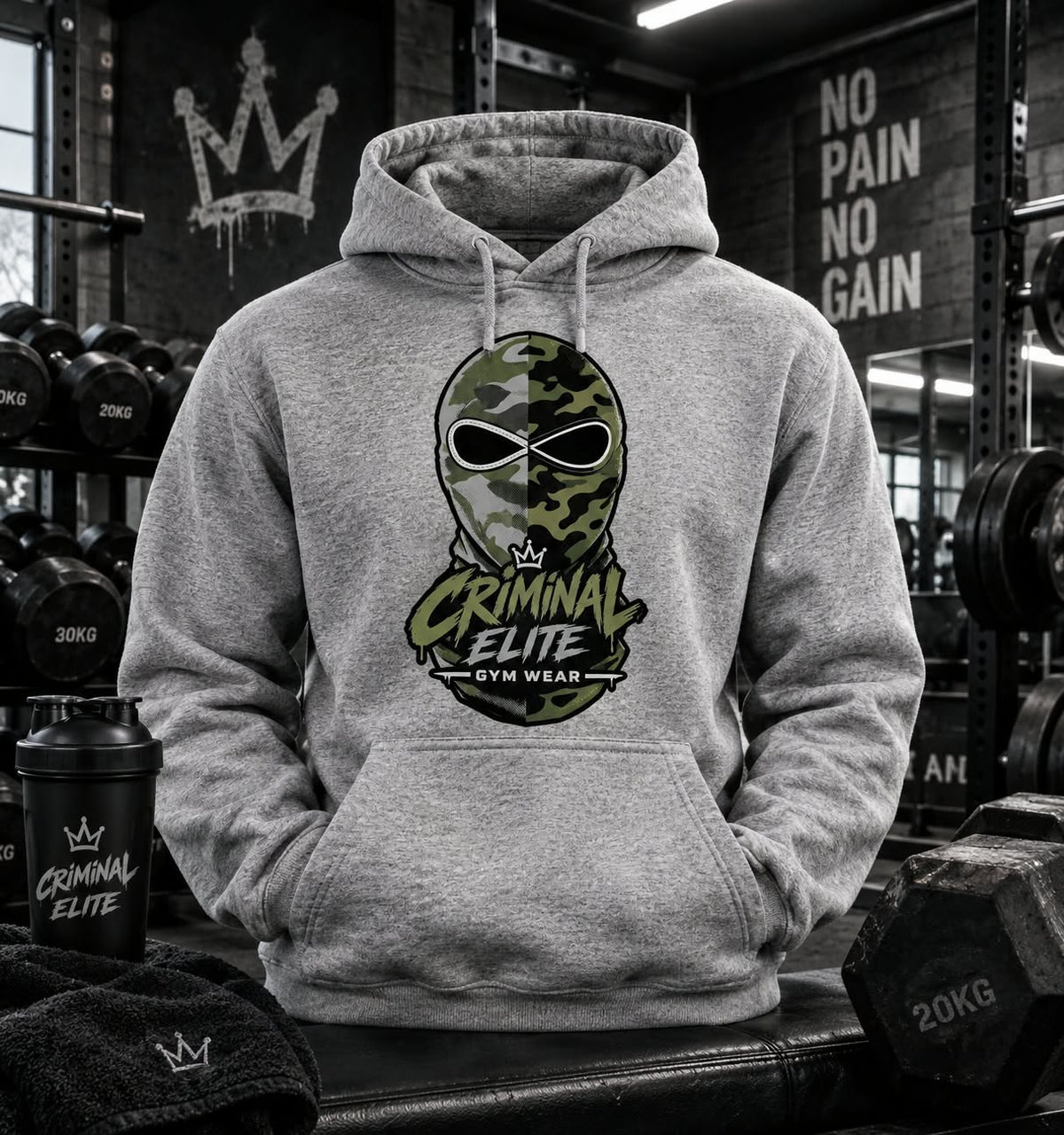 Grey Criminal Elite hoodie with camouflage masked-face graphic