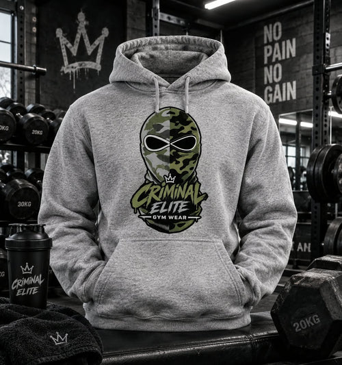 Grey Criminal Elite hoodie with camouflage masked-face graphic