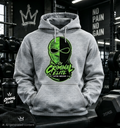 Grey Criminal Elite hoodie with green-and-black mask graphic