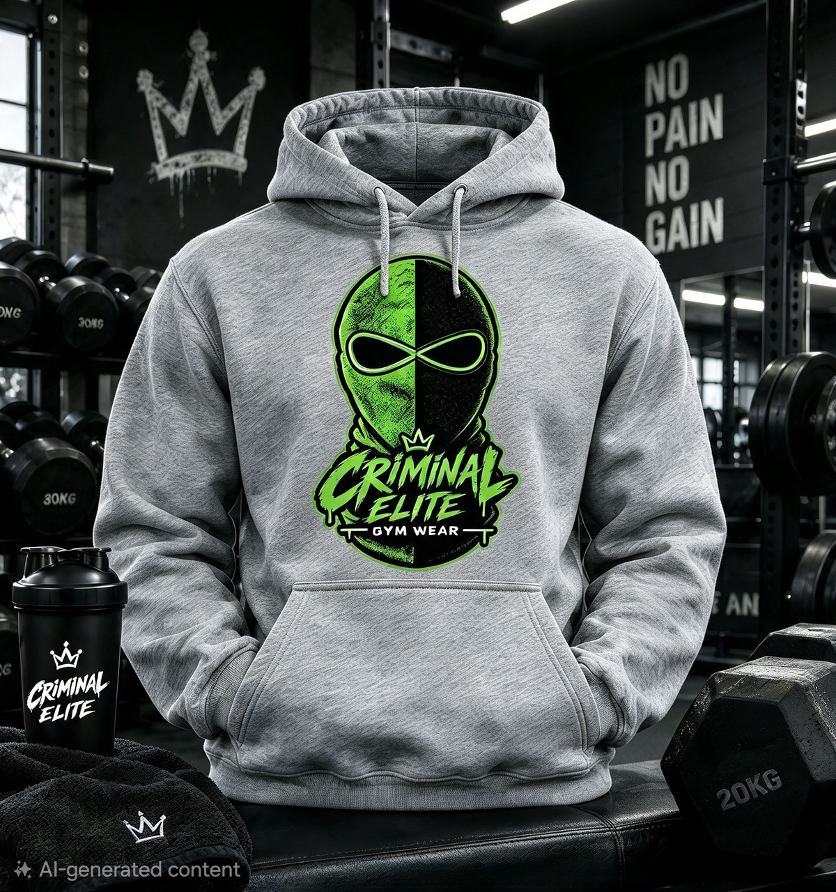 Grey Criminal Elite hoodie with green-and-black mask graphic