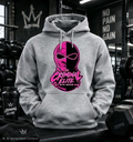 Grey Criminal Elite hoodie with pink-and-black masked-face graphic
