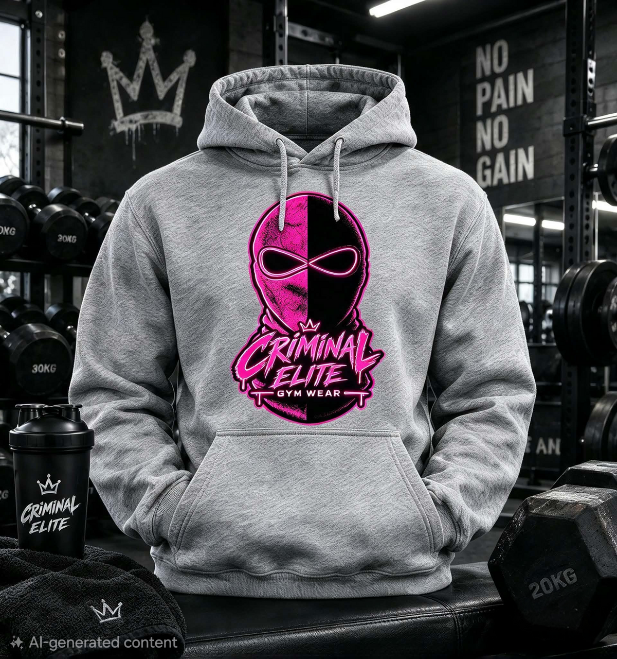 Grey Criminal Elite hoodie with pink-and-black masked-face graphic