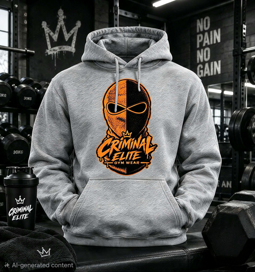 Grey Criminal Elite hoodie featuring an orange-and-black masked-face graphic