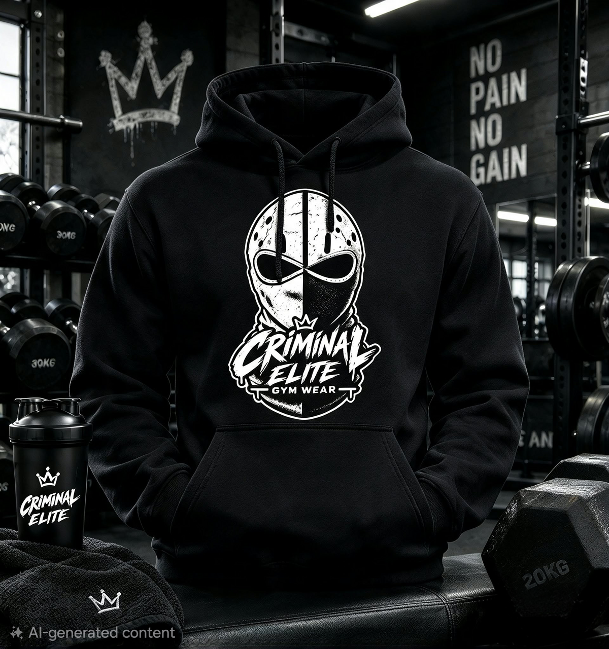 Black Criminal Elite hoodie with distressed white-and-black mask graphic